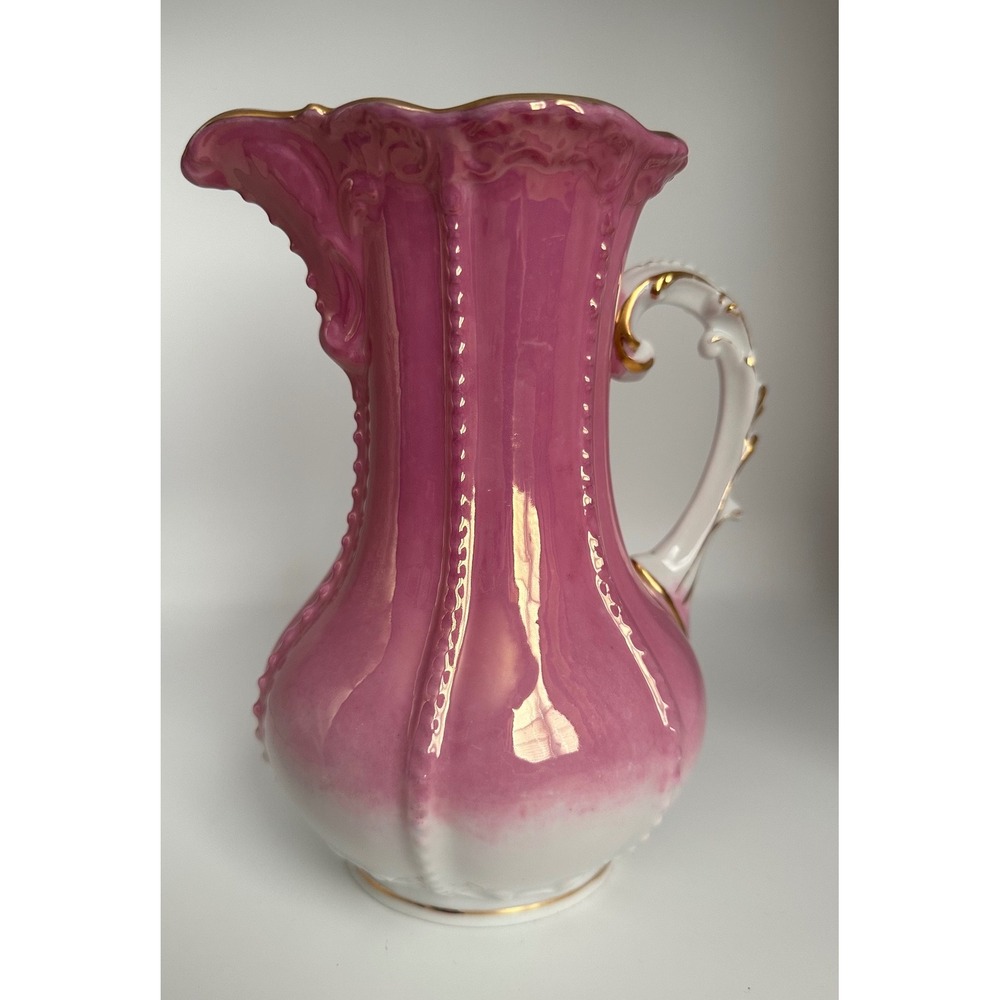 VTG Pink Ombre Porcelain Pitcher Gold‎ Gilded Ornate Handle Mold 6975 Victorian